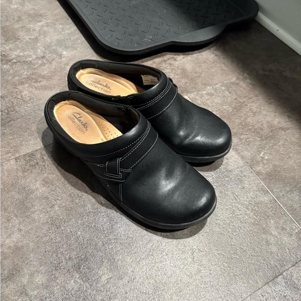 Clarks Black Leather Mules